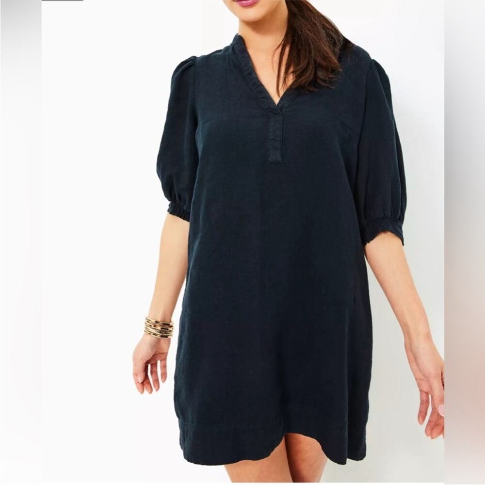 Lilly Pulitzer | Mialeigh Linen Mini Dress Elbow Puff Sleeves Relaxed Black SZ 0 - Picture 2 of 9